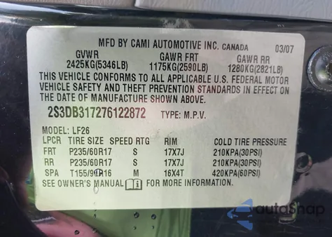 2007 Suzuki Xl7 Luxury z USA, uszkodzony, nr VIN 2S3DB317276122872